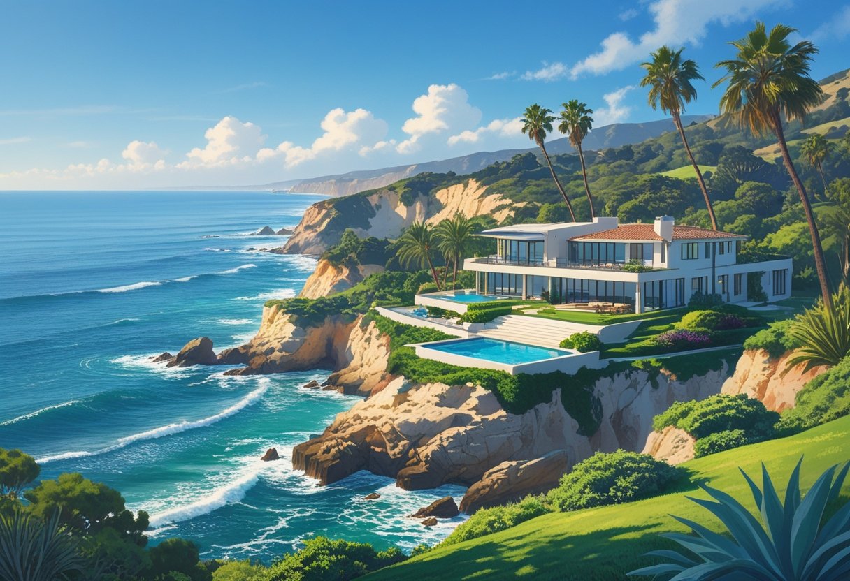 A modern oceanfront house on a cliff overlooking the pacific ocean with surrounding greenery and clear skies.